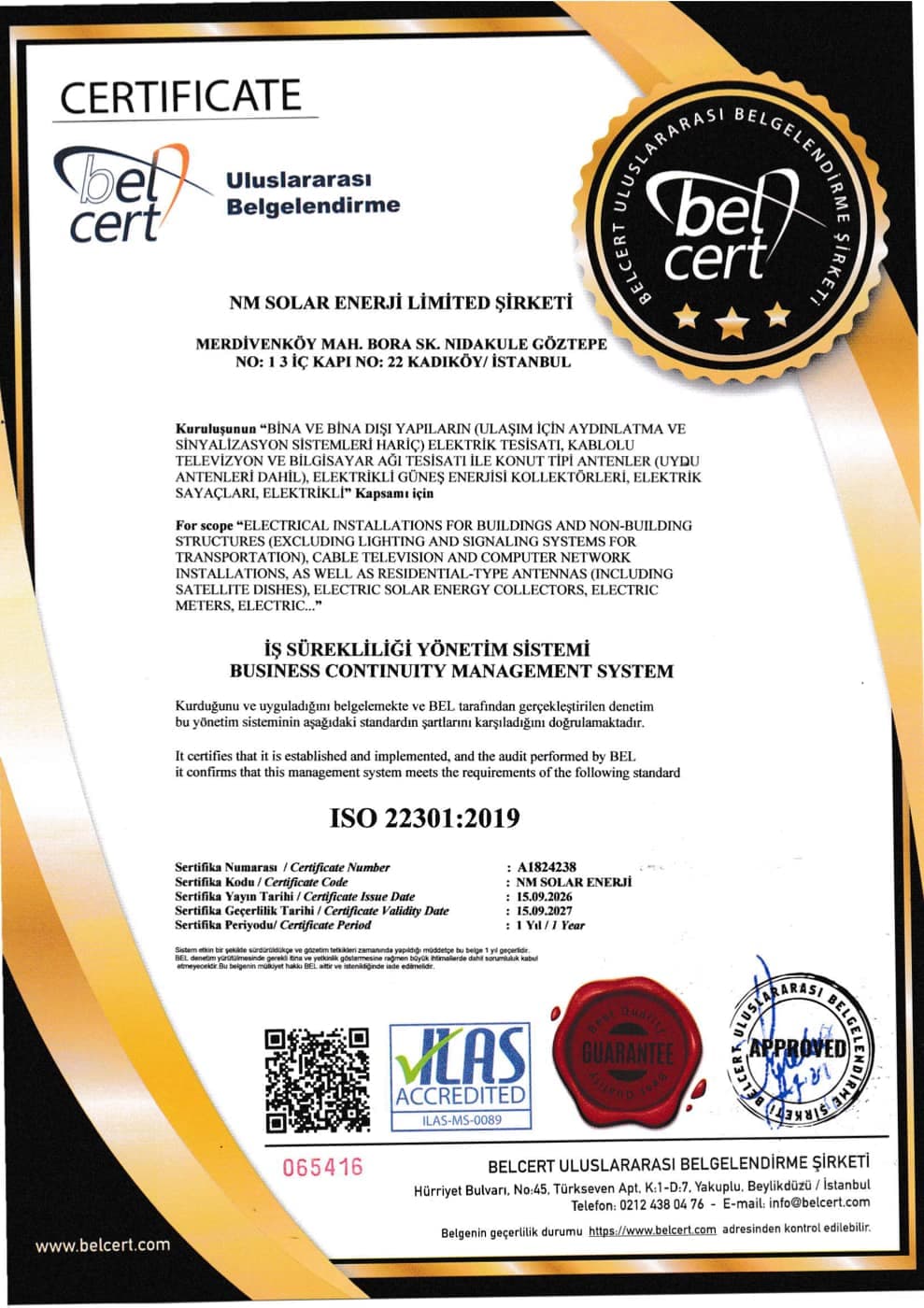 ISO 22301:2019 İş Sürekliliği Yönetimi sertifikası, geçerli 15.09.2027