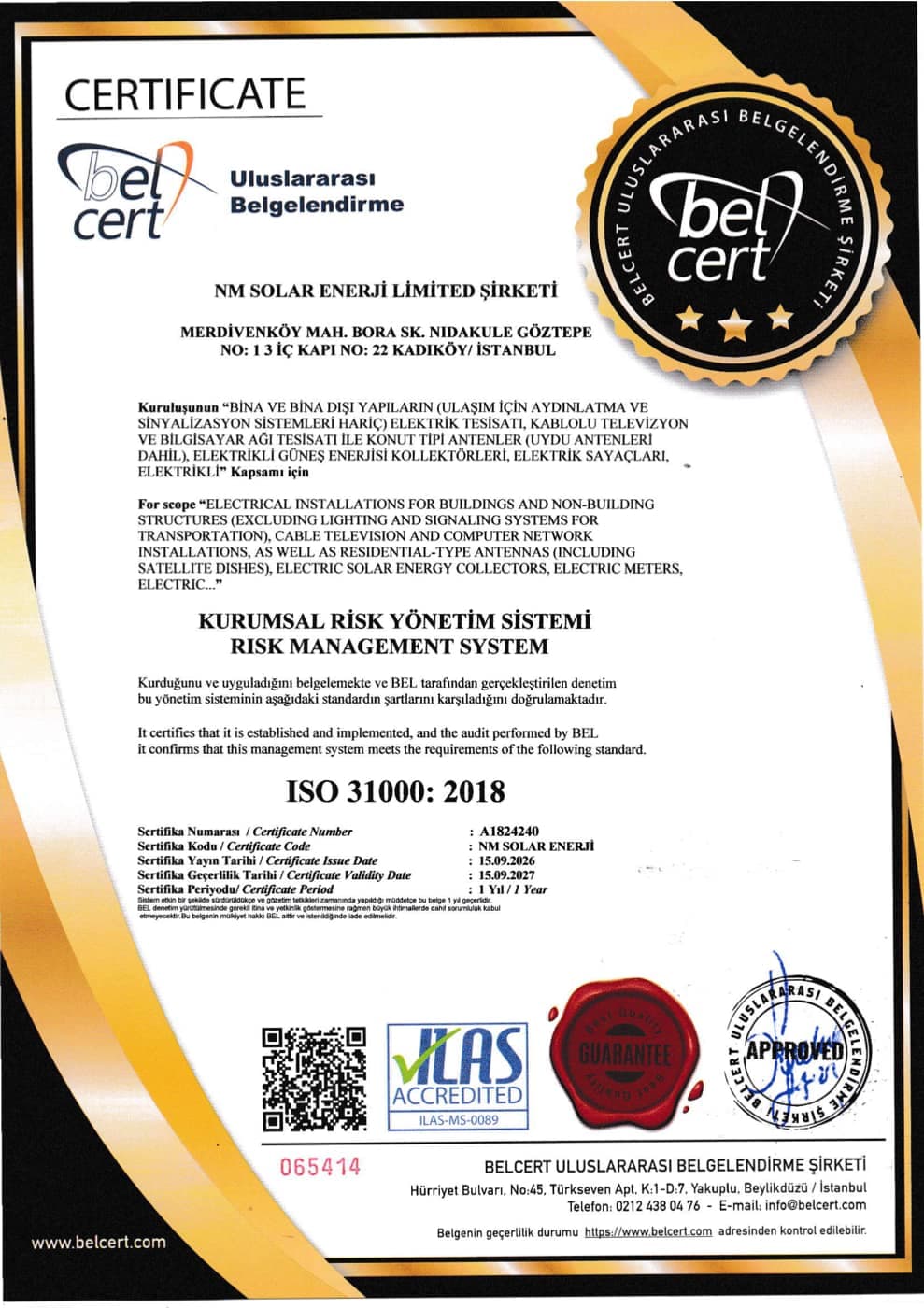 ISO 31000:2018 Kurumsal Risk Yönetimi sertifikası, geçerli 15.09.2027